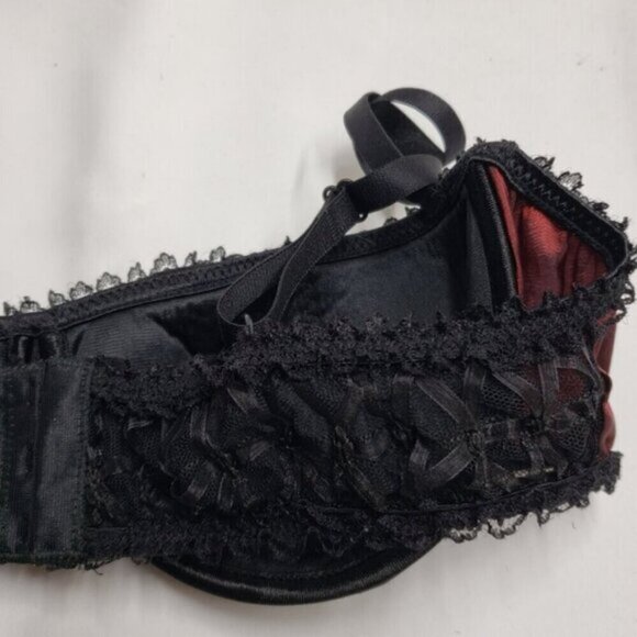 Coquette Sexy Bra Deep Red Black Lace Balconette Size Large - Picture 8 of 12